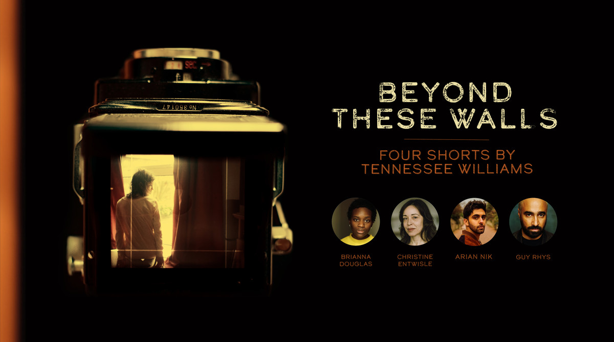 The image of a woman at a window is captured by a camera. The title 'Beyond These Walls' and images of 4 cast members