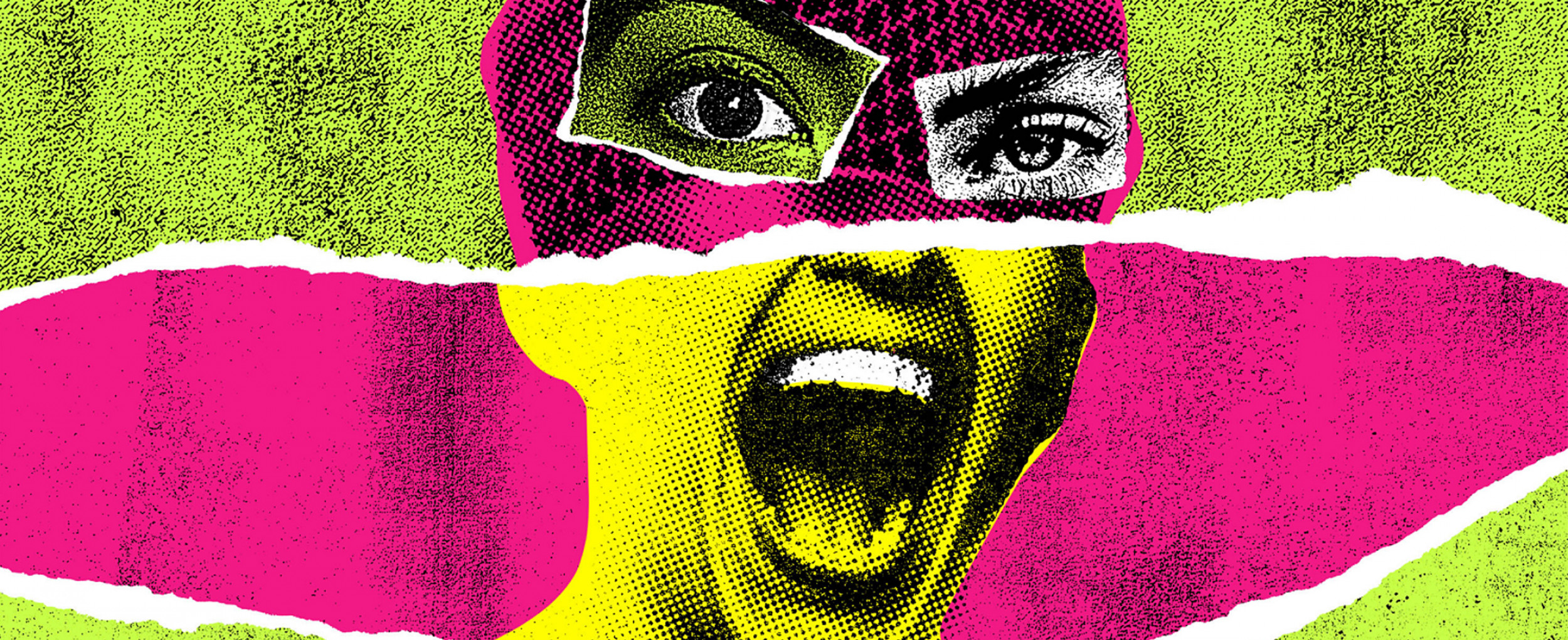 A woman's face made out of a collage of different faces. The image is punk inspired and bright pink, yellow and green