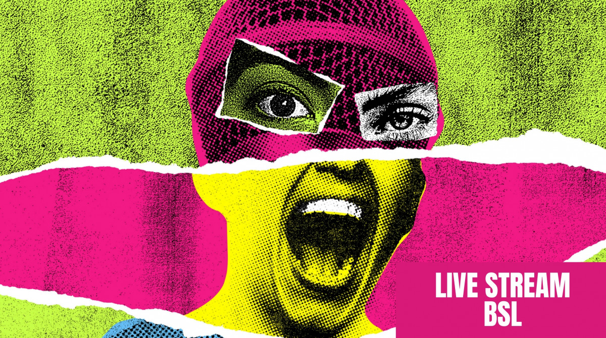 A woman's face made out of a collage of different faces. The image is punk inspired and bright pink, yellow and green