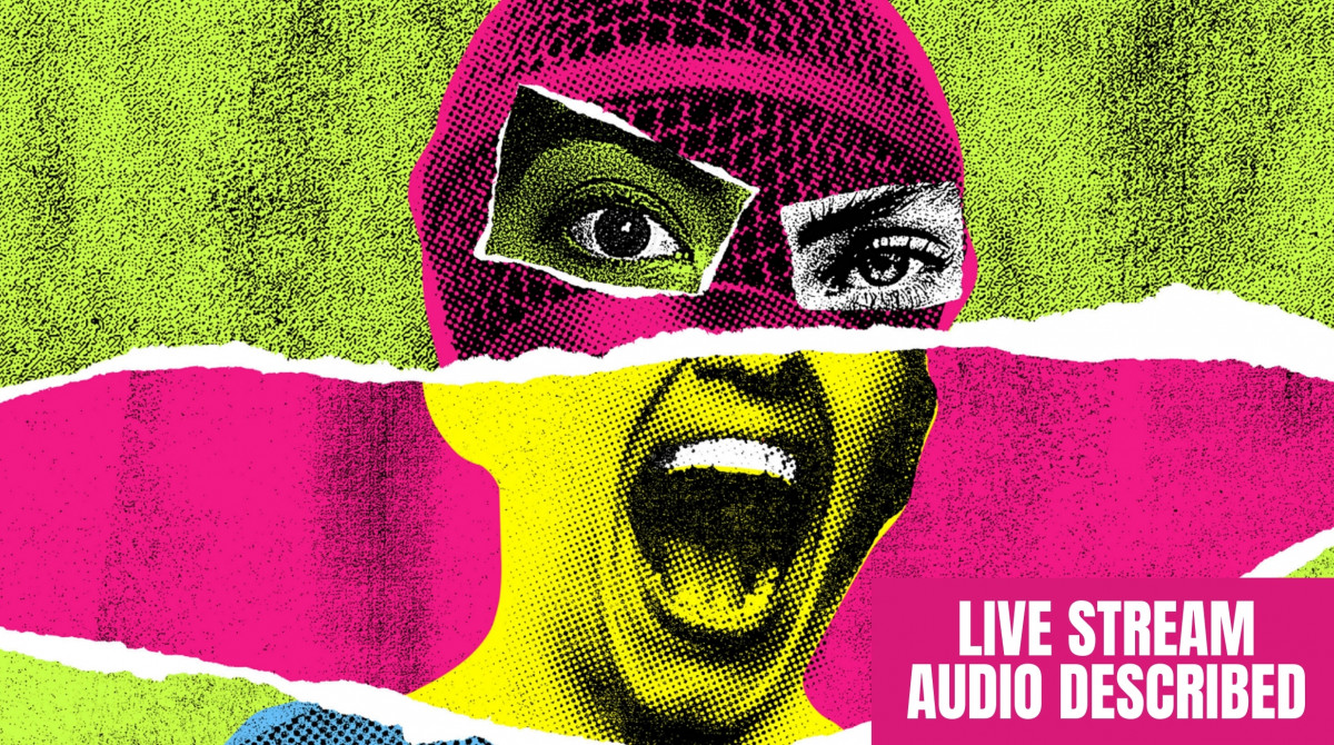 A woman's face made out of a collage of different faces. The image is punk inspired and bright pink, yellow and green