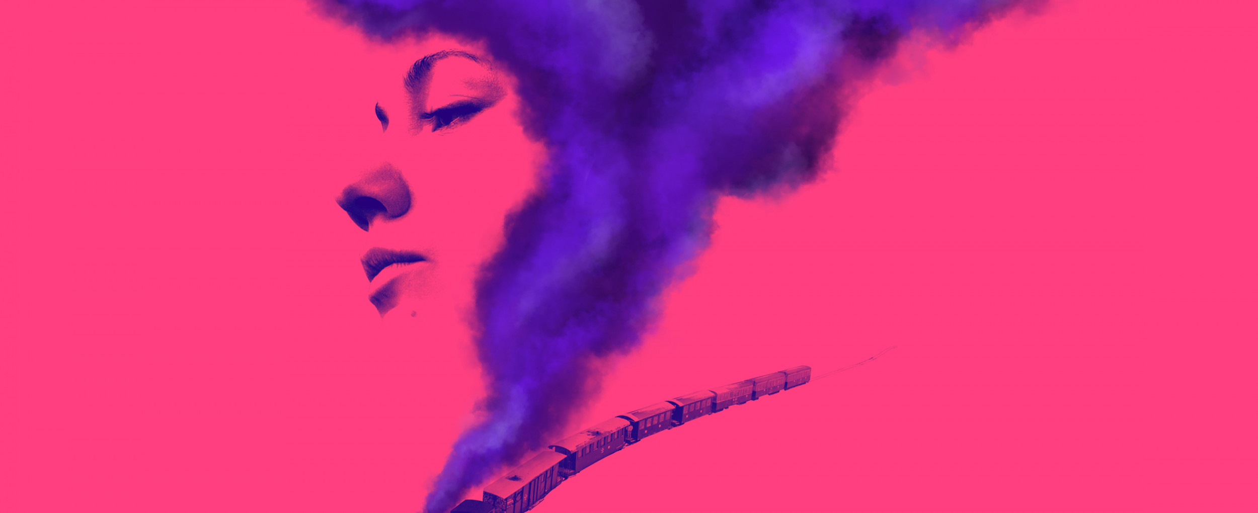 A profile of a woman's face. There is a train moving through the bottom of the image and the steam forms the woman's hair.