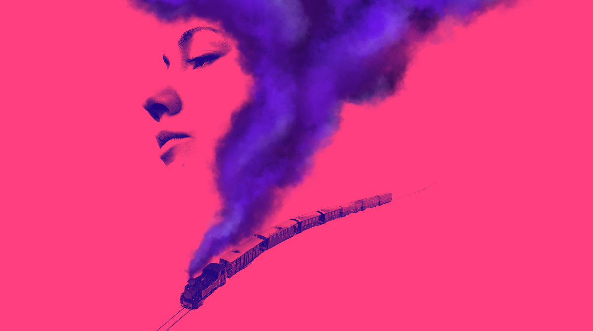 A profile of a woman's face. There is a train moving through the bottom of the image and the steam forms the woman's hair.