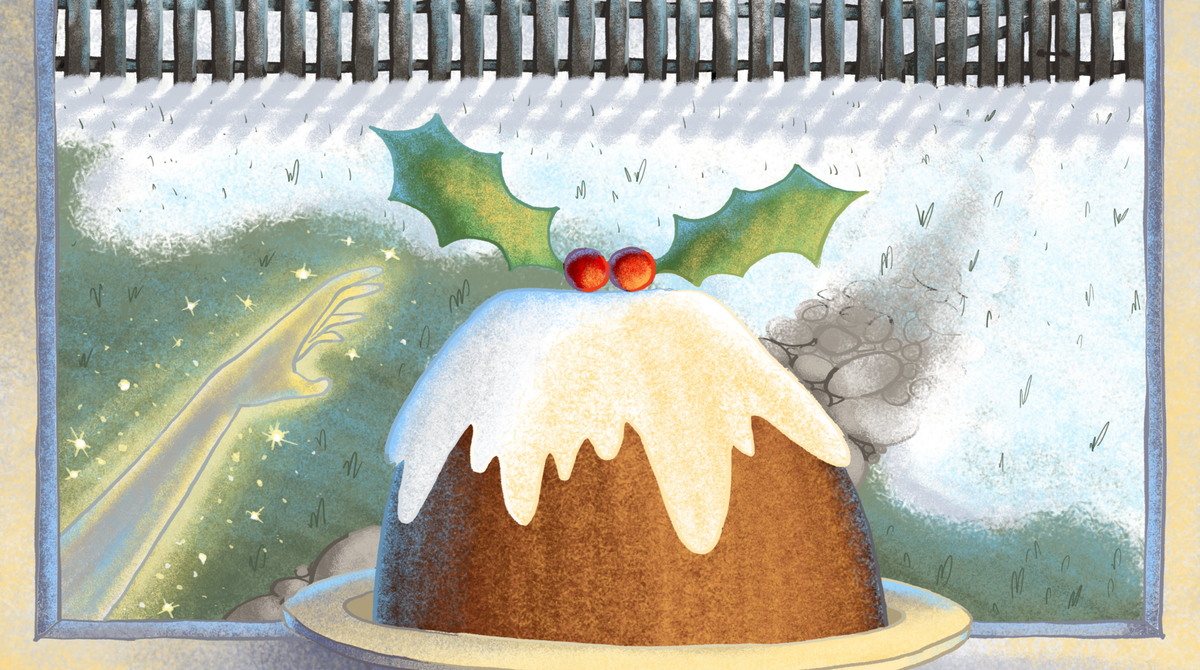 An illustration in soft colours of a Christmas pudding on an open window sill with snow falling in the background. A sparkly hand reaches up towards the pudding.